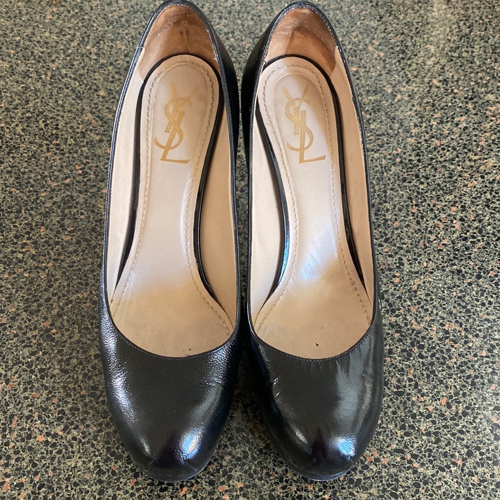 Yves Saint Laurent Women Black Lather Shoes Platform Pump Stiletto Size 40